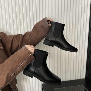 2024 Autumn Winter New British Style Square Toe Chelsea Boots Chunky Heel Thick Sole PU Leather Short Boots for Women