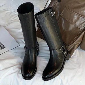 2024 Fashionable French Style Cool Casual Vegan Leather Retro Buckle Mid-Calf Riding Boots for Women