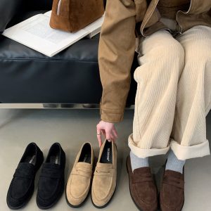 British Style Fashion Low Heel Loafers Women's Deep Mouth Round Toe Suede Casual Shoes