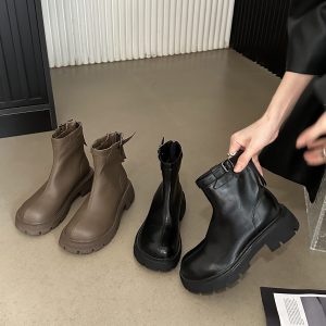 Crape Myrtle 2024 Winter New Side Buckle Thick Sole Chunky Heel Slim Short Boots Women Martin Boots