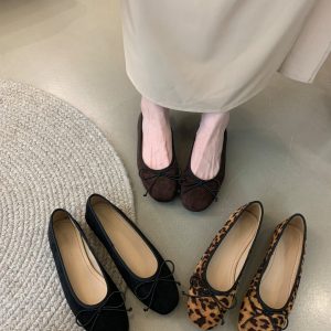 French Flat Leopard Print Ballet Shoes Women 2024 Autumn Winter New Bow Knot Slip-On Mary Jane Shoes