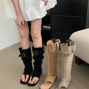 New Retro Western Cowboy Style Elevated Suede High Boot Tube Hot Girl Flip Flop Toe Simple Flat Cool Boots