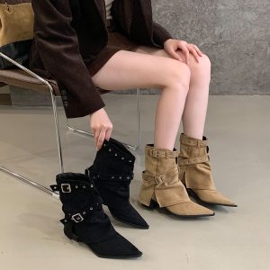 Retro Chunky Heel Mid Calf Boots for Women 2025 New Autumn Winter Fashion Pointed Toe Western Cowboy Boots with Belt Buckle