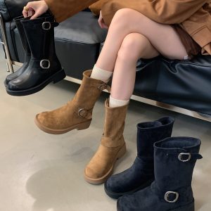 Retro Metal Buckle Round Toe Worn Leather Motorcycle Stacked Short Boots for Women 2024 Fall