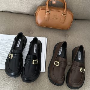 SIZHUONI Women's Chunky Loafers 2024 New Thick Sole Low Heel Slip-On Shoes Metal Buckle Soft Leather Casual Flat Shoes