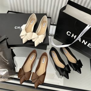 SIZHUONI Women's Flat Comfort Shoes 2024 Spring New Pointed Toe Rubber Sole Bow Black Casual Work Flats