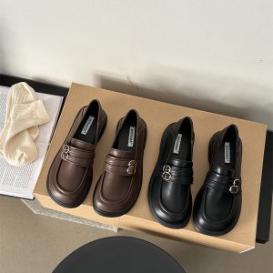 Women's Loafers British Style 2024 Spring Autumn New Retro Double Belt Buckle Comfortable Round Toe Soft Leather Low Heel Shoes